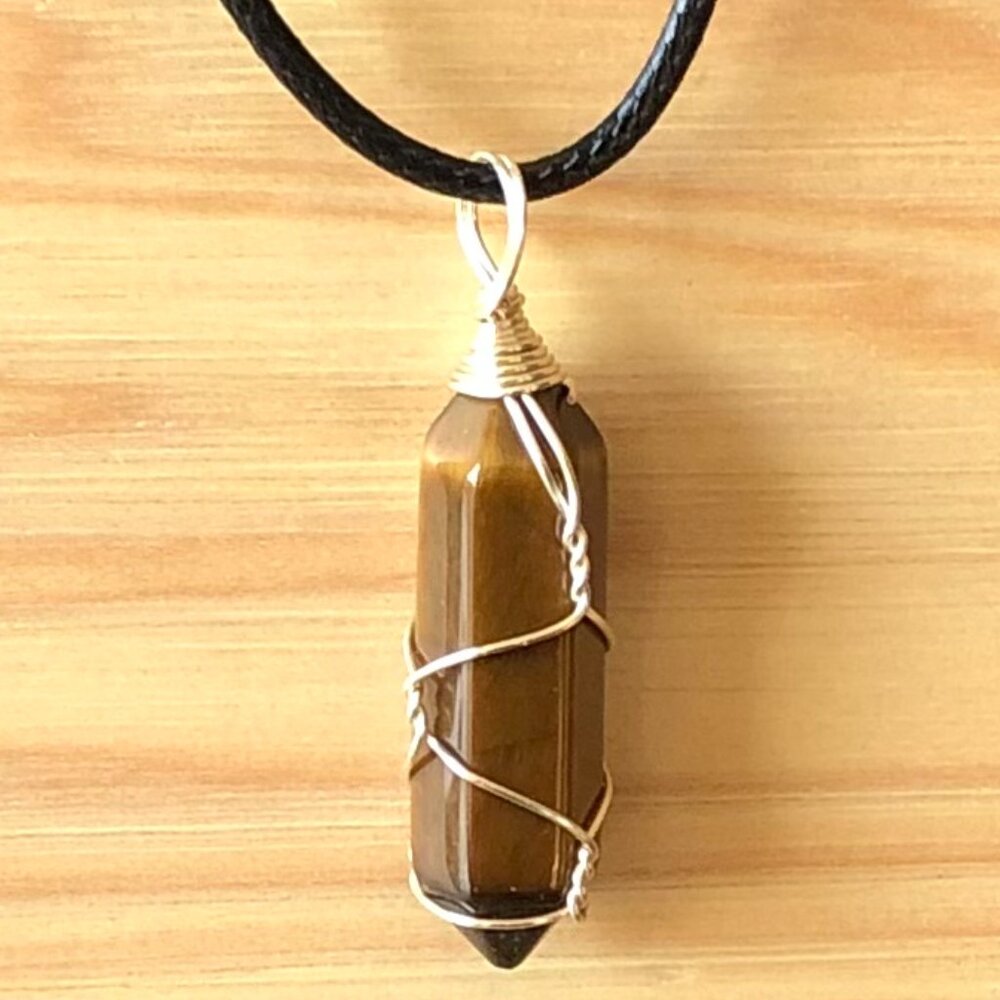 Tiger Eye Natural Gemstone Hexagonal Point Wire Wrapped Pendant Necklace